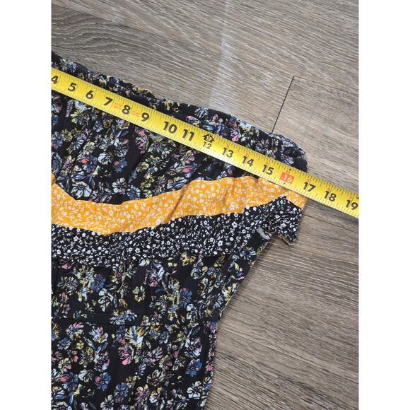 Muad Boho Floral Jumpsuit Black Yellow Patchwork Smocked Waist Size XL Fall - Picture 8 of 8